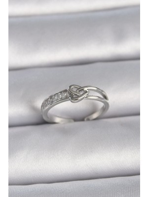 Inure Jewelry Pirinç Gümüş Renk Ayarlanabilir Zirkon Taşlı Düğüm Kalp Model Kadın Yüzük