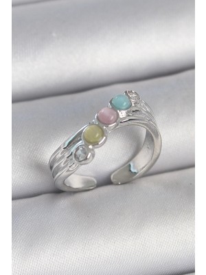 Inure Jewelry Pirinç Gümüş Renk Zirkon Taş Detaylı Renkli Mineli Ayarlanabilir Kadın Yüzük