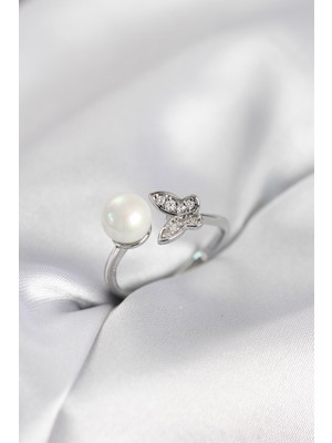 Inure Jewelry Kelebek İncili Model Gümüş Renk Zirkon Taşlı Kadın Yüzük