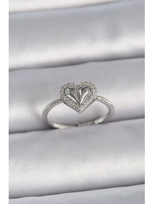 Inure Jewelry Pirinç Gümüş Renk Ayarlanabilir Zirkon Taşlı Kalp Model Kadın Yüzük