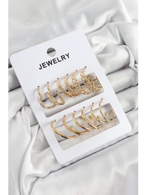 Inure Jewelry Pirinç Karışık Halka Model Gold Renk 6 Çift Kadın Küpe Set