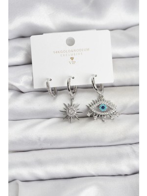 Inure Jewelry Göz Model Gümüş Renk Pirinç 3'lü Kadın Küpe Seti