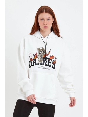 Kadın Oversize Kapüşonlu Cepli Baskılı 3 Iplik Pamuklu Hoodie Sweatshirt - Beyaz