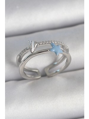Inure Jewelry Pirinç Gümüş Renk 2'Li Zirkon Taşlı Mavi Yıldız Figür Ayarlanabilir Kadın Yüzük