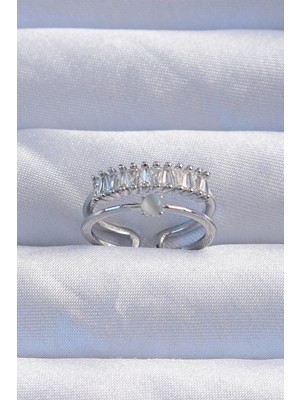 Inure Jewelry Pirinç Gümüş Renk Sedefli Zirkon Taşlı Su Yolu Model 2li Görünüm Ayarlanabilir Yüzük