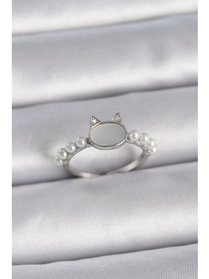 Inure Jewelry Pirinç Gümüş Renk Ayarlanabilir Beyaz Mineli Kedi Model İnci Detay Kadın Yüzük