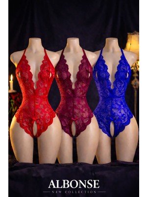 albonse Saks-Bordo-Kırmızı Özel Bölgesi ve Sırtı Açık Dantel Detaylı Fantezi Gecelik Takım 3lü Avantajlı Paket
