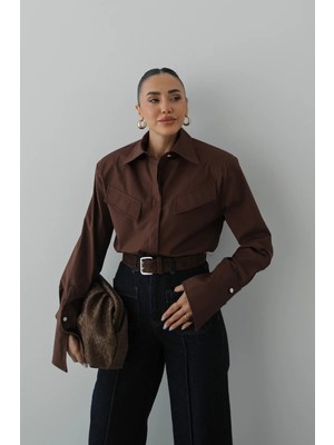Havoş Kahverengi Geometrik Kapak Cepli Kol Detaylı Gömlek