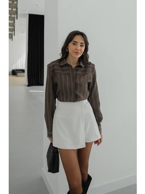 Havoş Kahverengi Yanları Düğme Detaylı Çizgili Gömlek