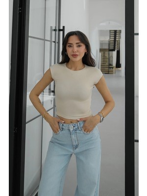 Havoş Bej Cap Sleeve Crop Top