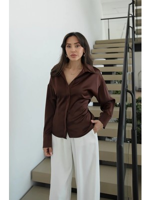 Havoş Kahverengi Saten Beli Bağlamalı Gömlek