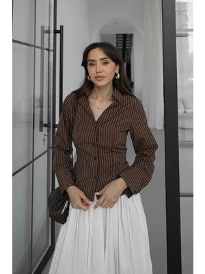 Havoş Kahverengi Çizgili Arkadan Bağlamalı Gömlek