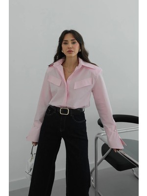 Havoş Pembe Geometrik Kapak Cepli Kol Detaylı Gömlek