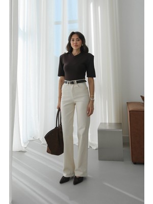 Havoş Bej Kemerli Yüksek Bel Jean