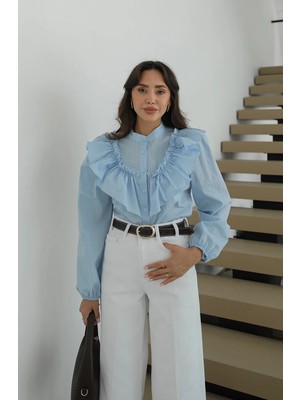 Havoş Mavi Muni Önü Fırfır Detaylı Gömlek