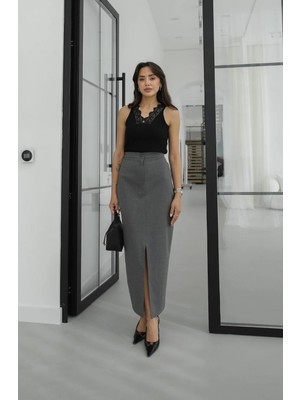 Havoş Gri Pencil Önden Yırtmaçlı Etek