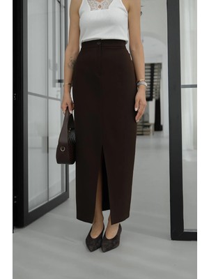 Havoş Kahverengi Pencil Önden Yırtmaçlı Etek