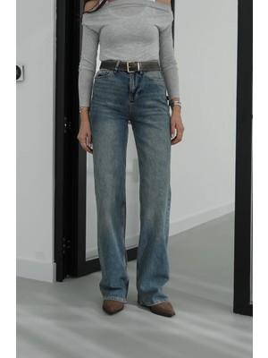 Havoş Mavi Eskitmeli Full Length Straight Jean