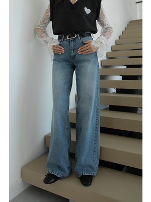 Havoş Açık Mavi Patti Kemerli Wide Leg Jean