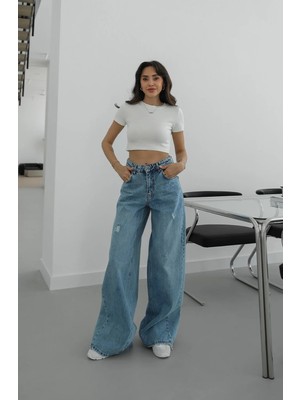 Havoş Açık Mavi Puddle Effect Geniş Paça Jean