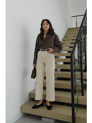 Havoş Bej Culotte Yüksek Bel Kemerli Jean