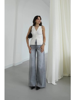 Havoş Gri Paçası Kesik Wide Leg Jean