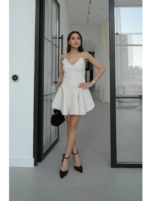 Havoş Ekru Askılı Volanlı Puantiyeli Elbise