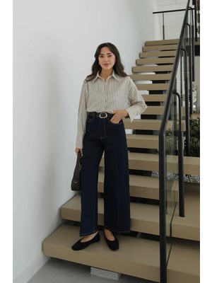 Havoş Lacivert Culotte Yüksek Bel Kemerli Jean