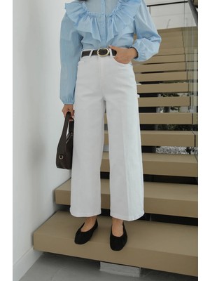 Havoş Beyaz Culotte Yüksek Bel Kemerli Jean