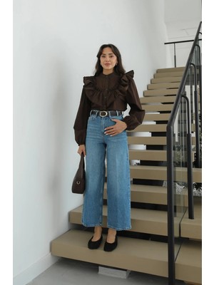 Havoş Mavi Culotte Yüksek Bel Kemerli Jean