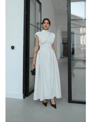 Havoş Ekru Vatkalı Belden Oturtmalı Puantiyeli Elbise