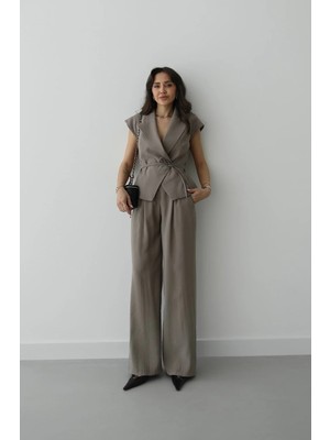 Havoş Vizon Beli Ip Bağlamalı Yelek Pantolon Takım