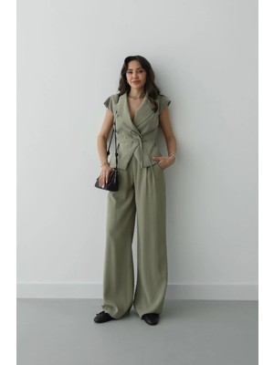 Havoş Haki Beli Ip Bağlamalı Yelek Pantolon Takım