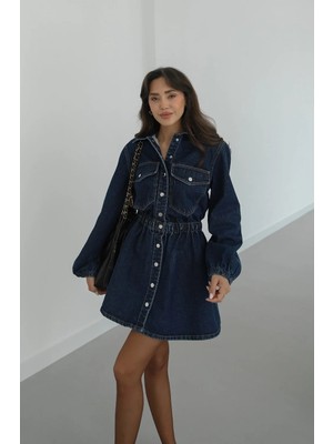 Havoş Mavi Lavin Çıtçıt Kapamalı Denim Elbise