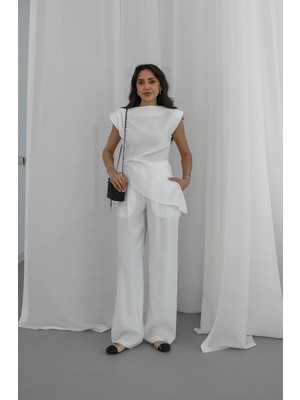 Havoş Ekru Backo Vatkalı Asimetrik Bluz Pantolon Takım