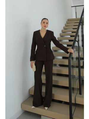 Havoş Kahverengi V Yaka Ceket Pantolon Takım