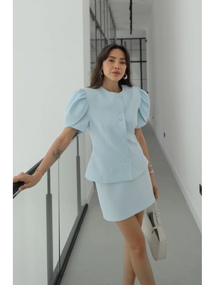 Havoş Mavi Omuzları Hacimli Ceket Etek Takım