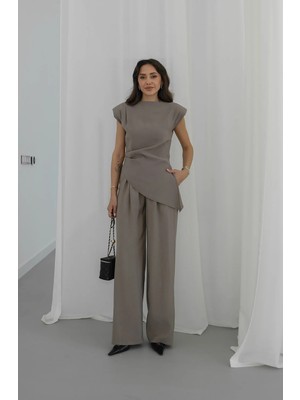 Havoş Vizon Backo Vatkalı Asimetrik Bluz Pantolon Takım