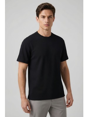 Siyah Rahat Form Esnek Nefes Alabilir Erkek T-Shirt - 88495
