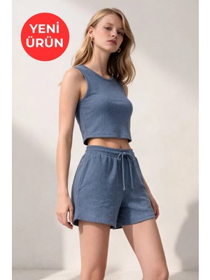 Kadın Bürümcük Basic Askılı Crop Kısa Şort Alt Üst Şortlu Takım