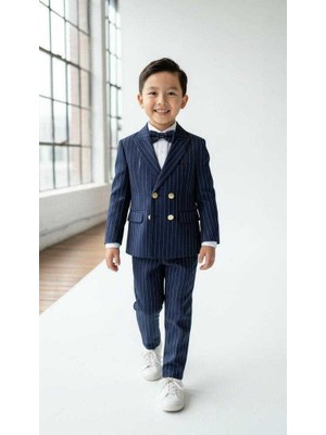 Beystil Sivri Yaka Lacivert Çizgili Çocuk Kruvaze Elbise - Slim Fit