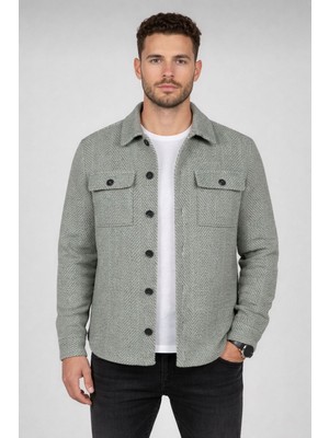 Zueofficial Erkek Kaşe Dokulu Mint Yeşili Çizgili Balıksırtı Desenli Ceket