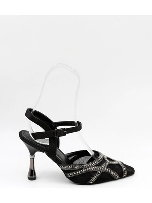 Park Moda Taşlı Topuklu Aksesuar Detaylı  Abiye Kadın Ayakkabı PM07 Siyah Saten