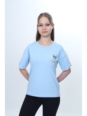 Toontoy Kız Çocuk Bisiklet Yaka Düşük Omuz Kısa Kollu Baskılı Tişört  24973