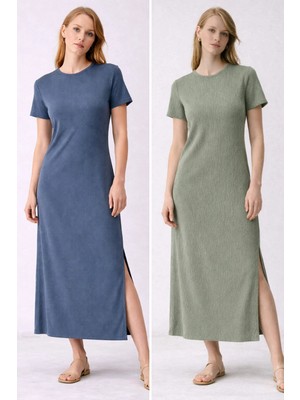 Kadın 2'li Bürümcük Kumaş Bisiklet Yaka Kısa Kollu Yırtmaçlı Elbise