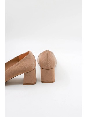 Park Moda Kadın Kalın Topuklu Yılan Ayakkabı PM571 Ten Saten