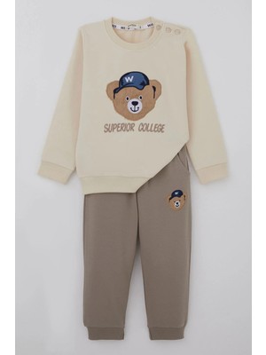 Breeze Erkek Bebek Eşofman Takımı Sevimli Ayıcık Aplikeli Kolej Model 9 Ay-3 Yaş, Krem