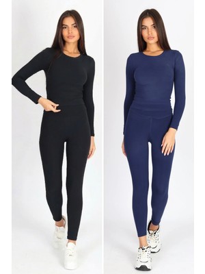 Soft & Basic Kadın 2'li Uzun Kollu Bisiklet Yaka Atlet Premium Kumaş Tayt Alt-Üst Tayt Takım