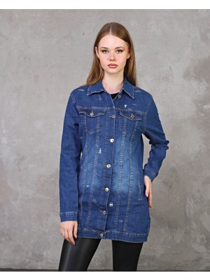 Kadın Çift Cep Eskitme Detaylı Düğme Kapamalı Üst Düzey Tunik Jean Ceket