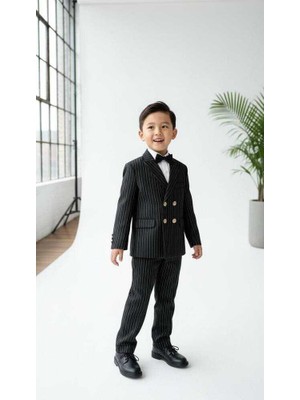 Beystil Sivri Yaka Siyah Çizgili Çocuk Kruvaze Elbise - Slim Fit